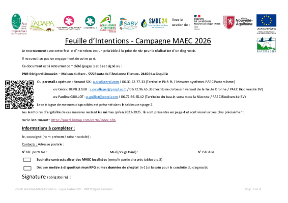 Feuille d'intention MAEC Biodiversité 2026