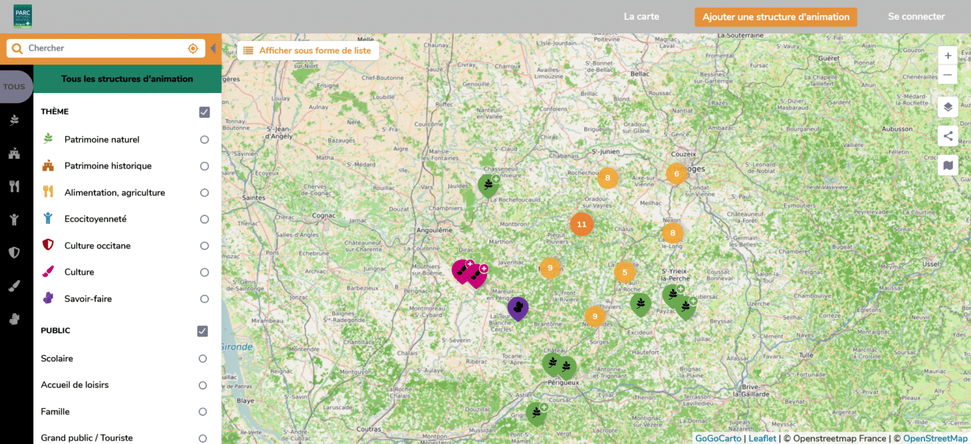 Carte de loffre pedagogique du Parc naturel regional Perigord Carte des structures danimation